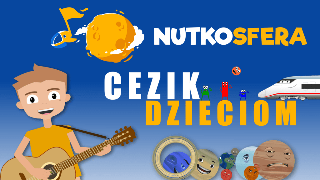 NutkoSfera – CeZik dzieciom, identyfikacja wydarzenia, po lewej chłopiec z gitarą, niebieskie tło, na dole elementy nawiązujące do bajek