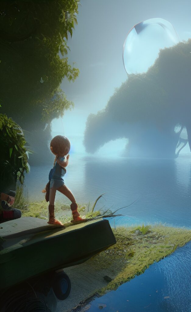 postać z gry komputerowej, stoi na pomoście nad brzegiem jeziora